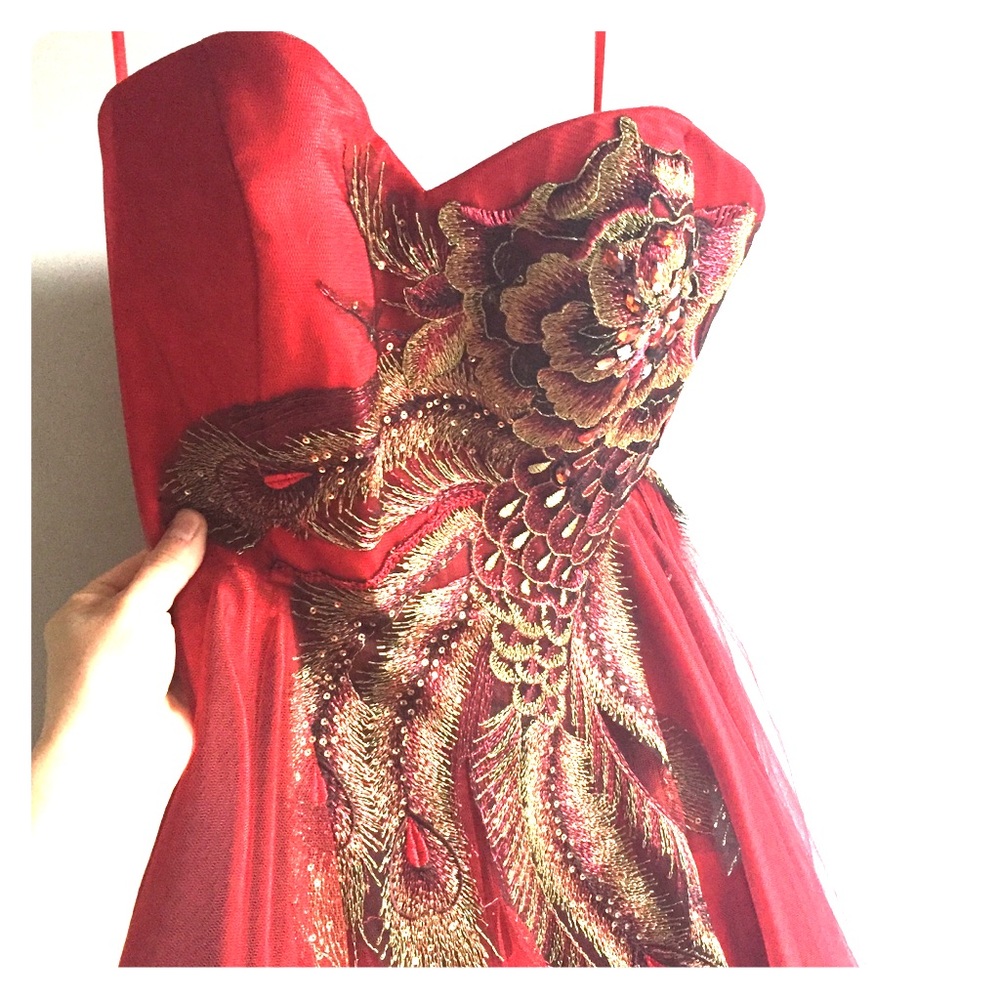 Red formal dress with gold beading